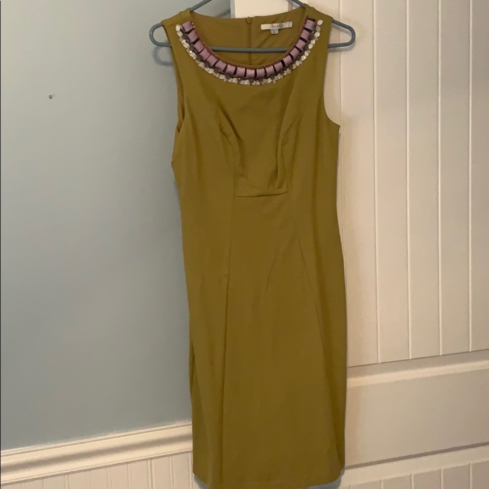 Boden green dress with purple ribbon